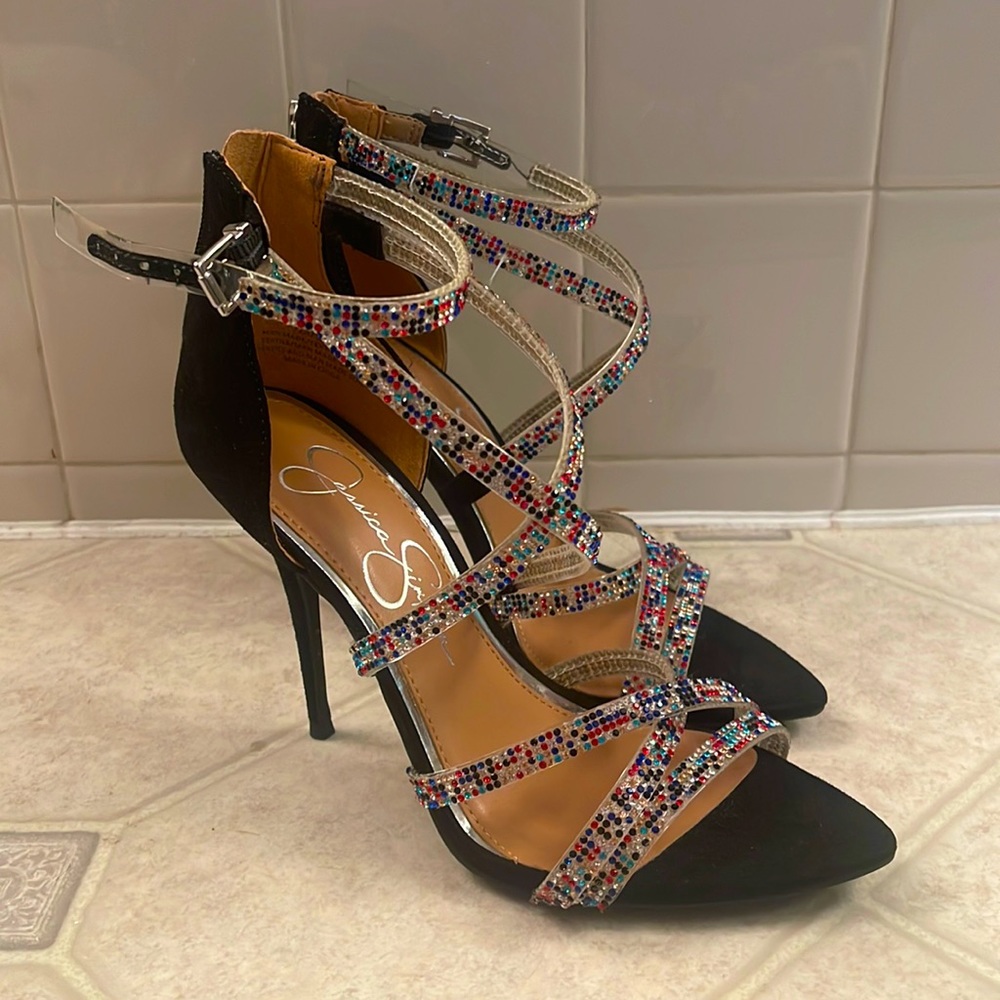 Jessica Simpson Strappy Open Stiletto with multi Color Rhinestones Size 7